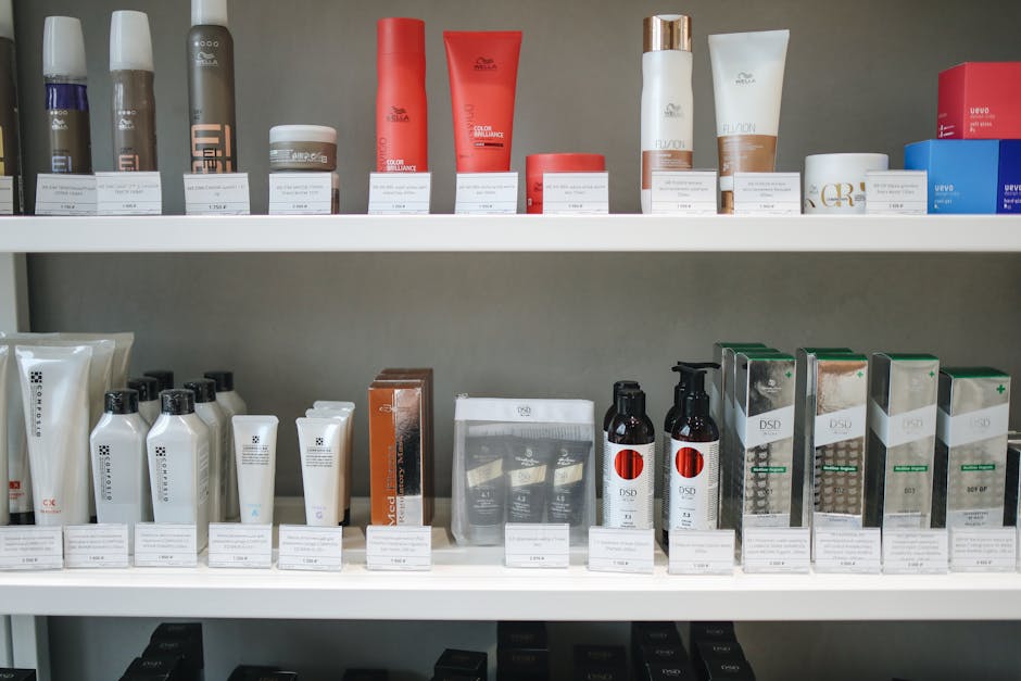 Assorted skincare and beauty products neatly displayed on shelves in a store setting.