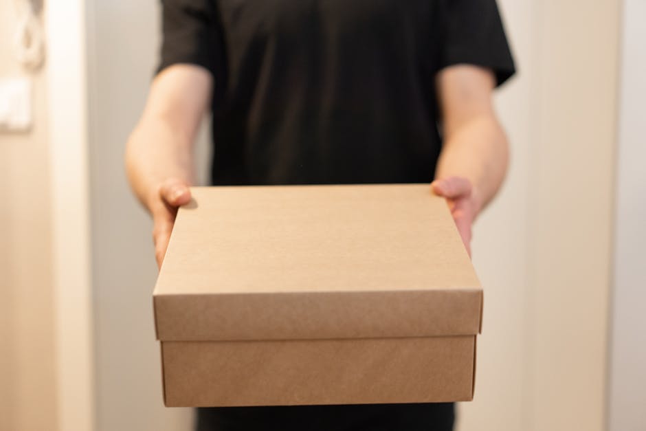 Close-up of a person holding a cardboard box, ideal for delivery service concepts.