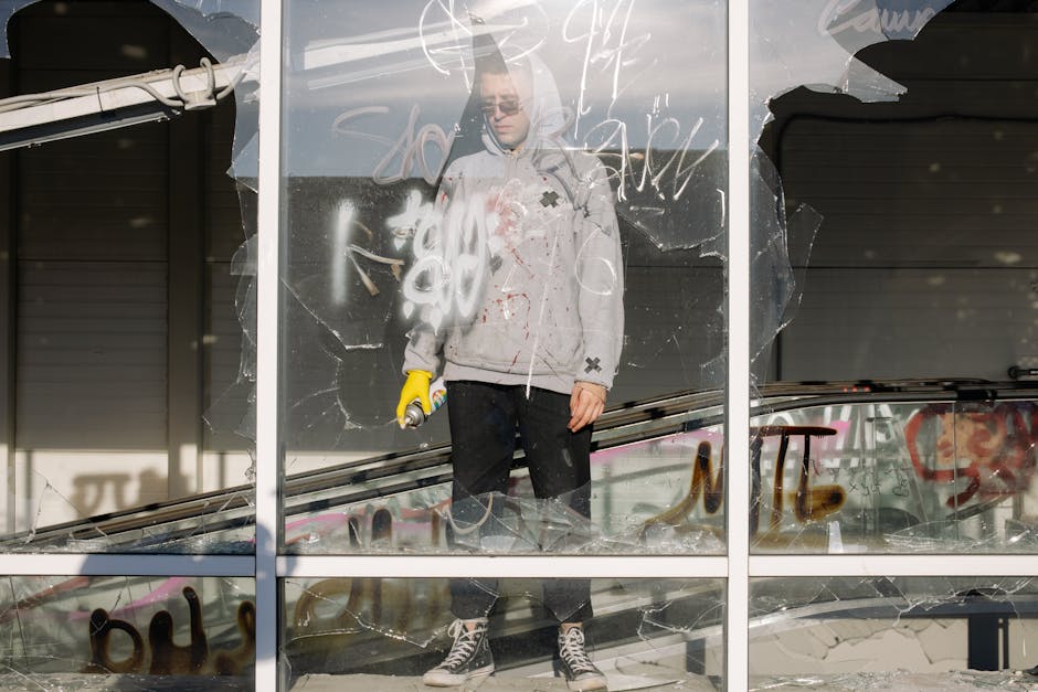 A man in a gray hoodie stands behind broken glass in a graffiti-covered building.
