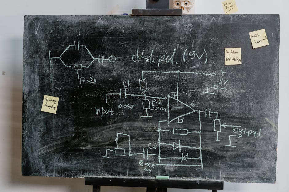 A detailed circuit diagram on a chalkboard with sticky notes, ideal for educational and academic themes.