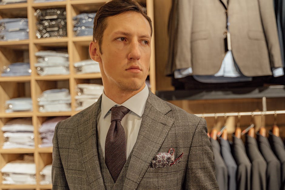 Stylish man in a suit with tie, standing confidently in a modern clothing store.